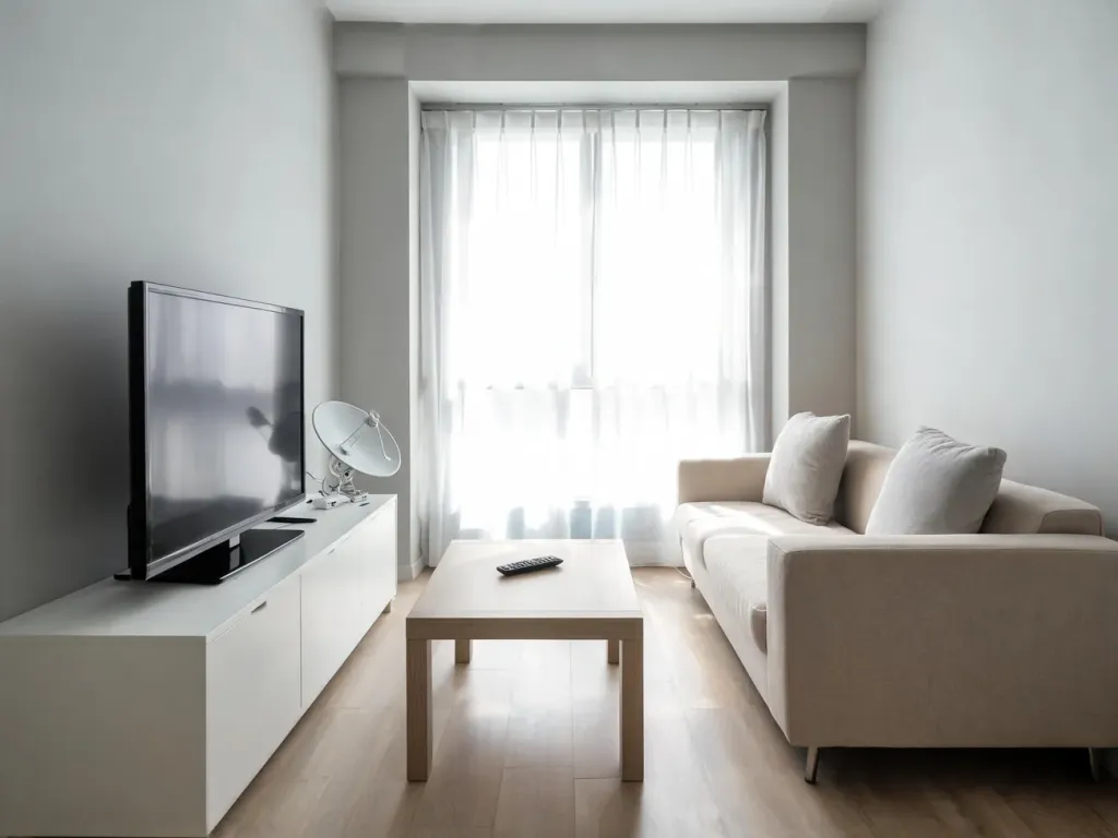 Nowoczesny salon z telewizorem i symbolem anteny satelitarnej, podkreślający wybór telewizji satelitarnej w domu.