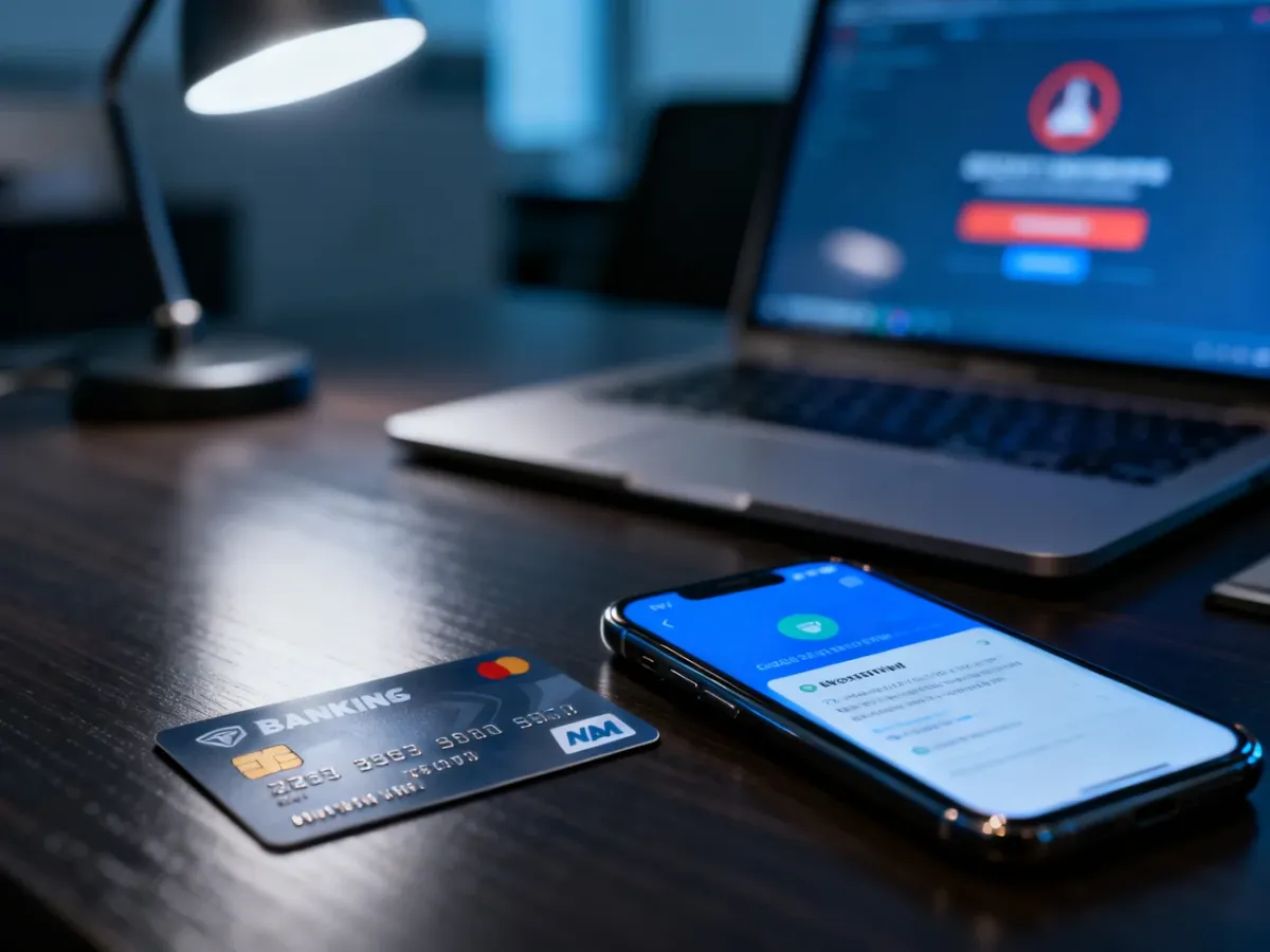 Karta płatnicza i smartfon z powiadomieniem bankowym na biurku, symbolizujące bezpieczeństwo transakcji online.