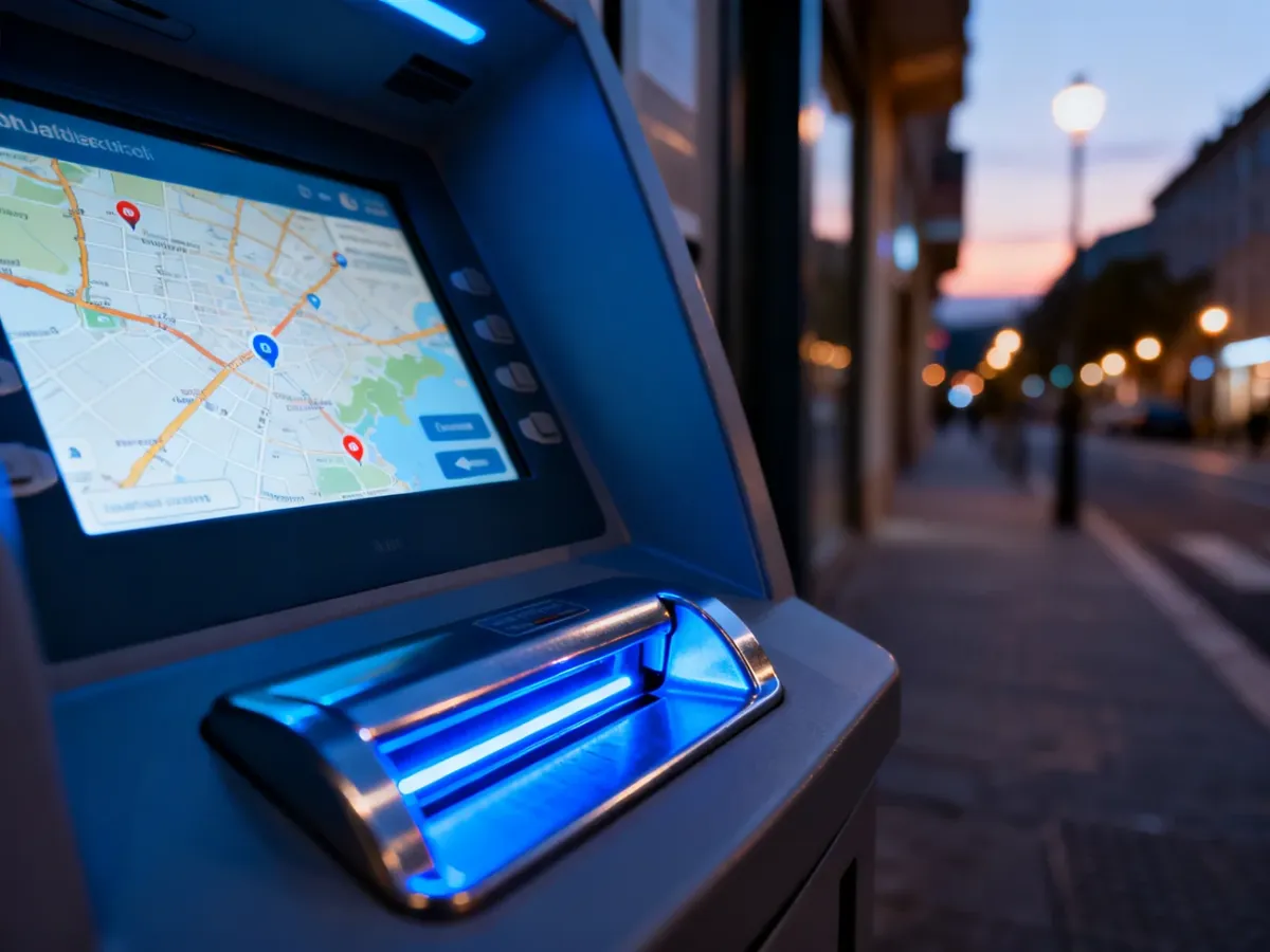 Podświetlony ekran bankomatu z mapą lokalizacji oraz czytnik kart w miejskim otoczeniu o zmierzchu.