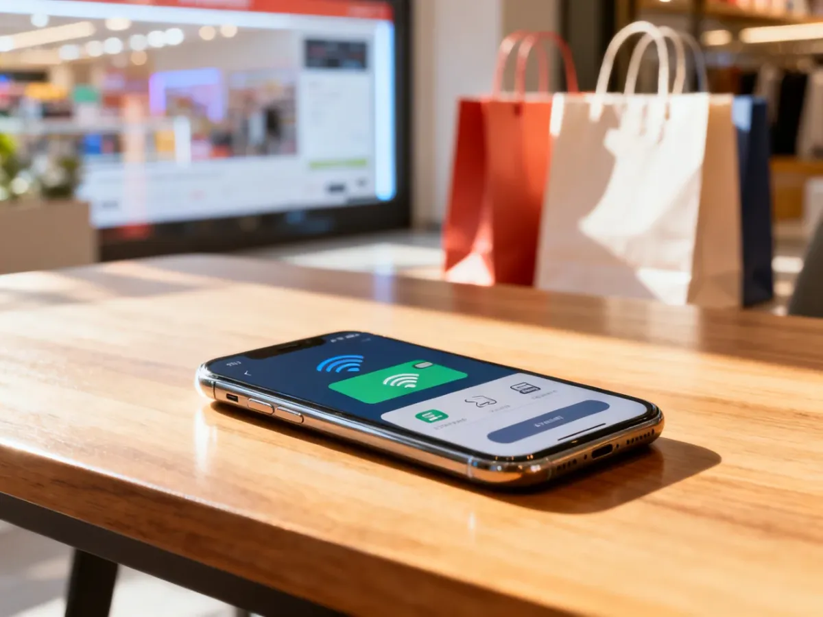 Smartfon z otwartą aplikacją płatności zbliżeniowych na drewnianym stole, symbolizujący wygodne zakupy online.