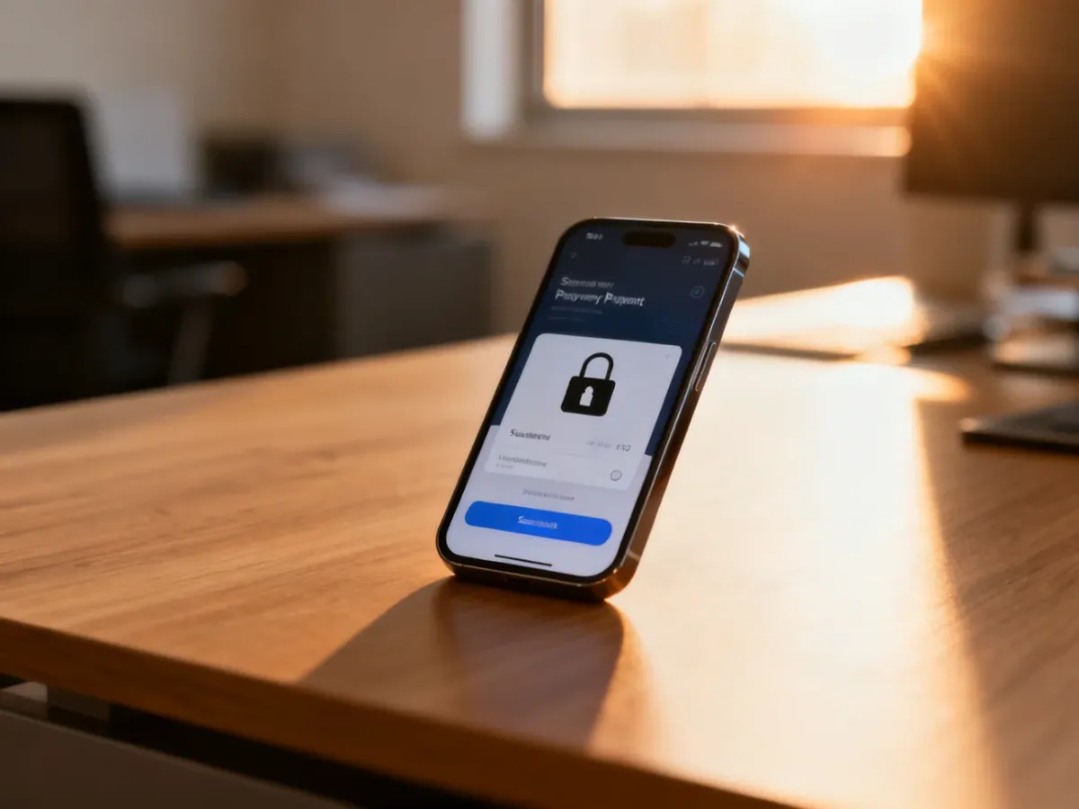 Smartfon z otwartym interfejsem płatności cyfrowych na drewnianym biurku, symbolizujący bezpieczne transakcje online.