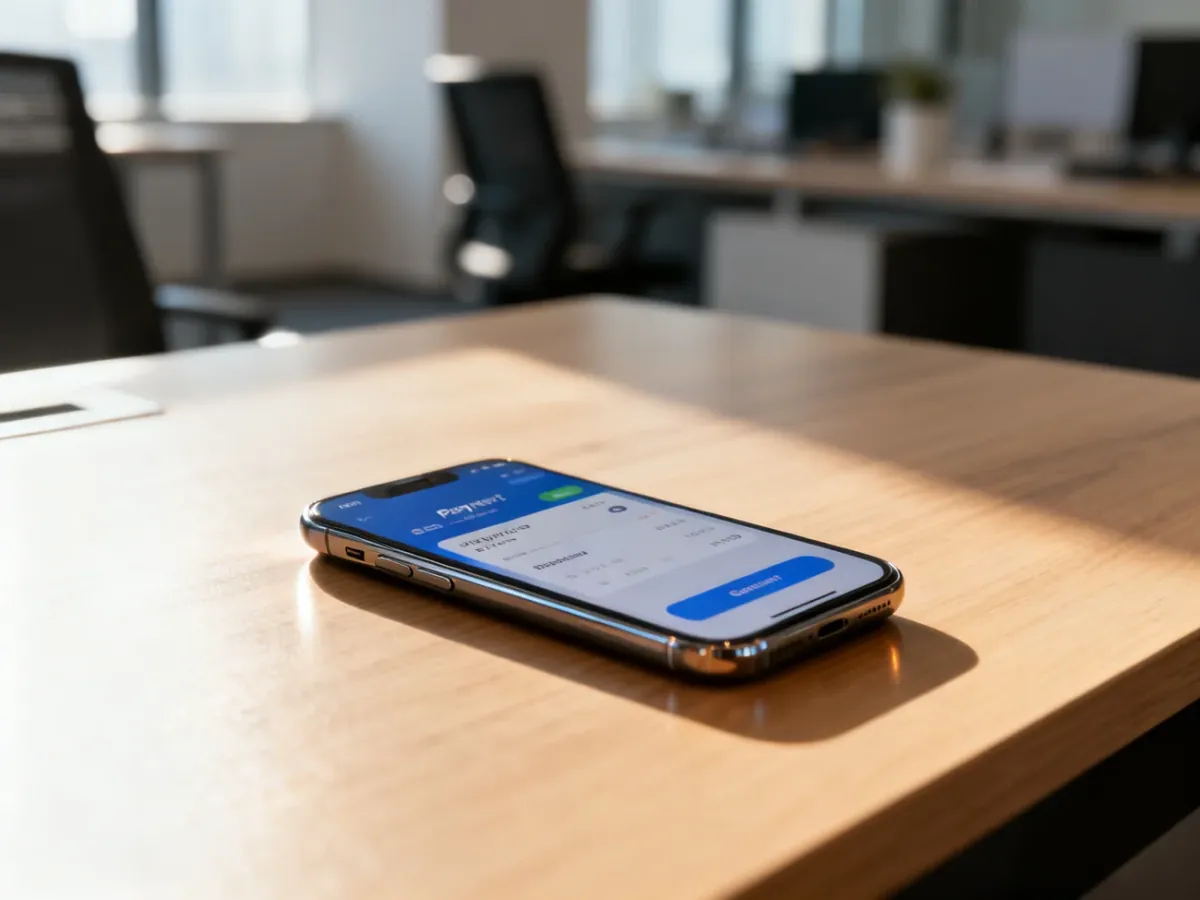 Smartfon z otwartą aplikacją płatniczą leżący na drewnianym biurku, gotowy do zarządzania kartami płatniczymi.
