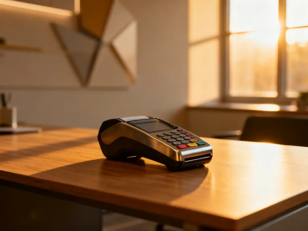Nowoczesny terminal płatniczy na drewnianym biurku, symbolizujący bezpieczne i wygodne zarządzanie finansami online.