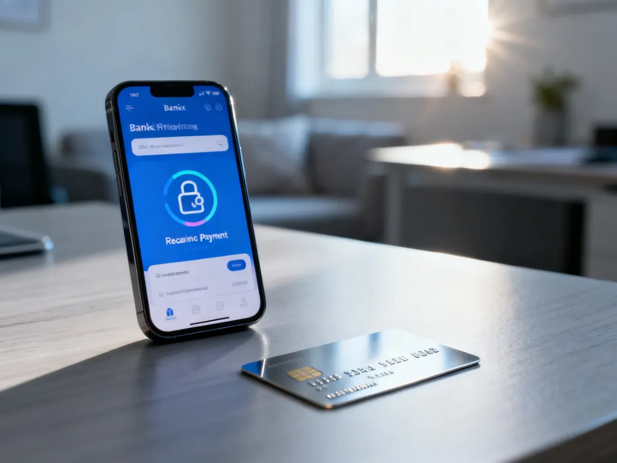 Smartfon z otwartą aplikacją bankową i kartą płatniczą na biurku, ilustrujący proces ustawiania zlecenia stałego.