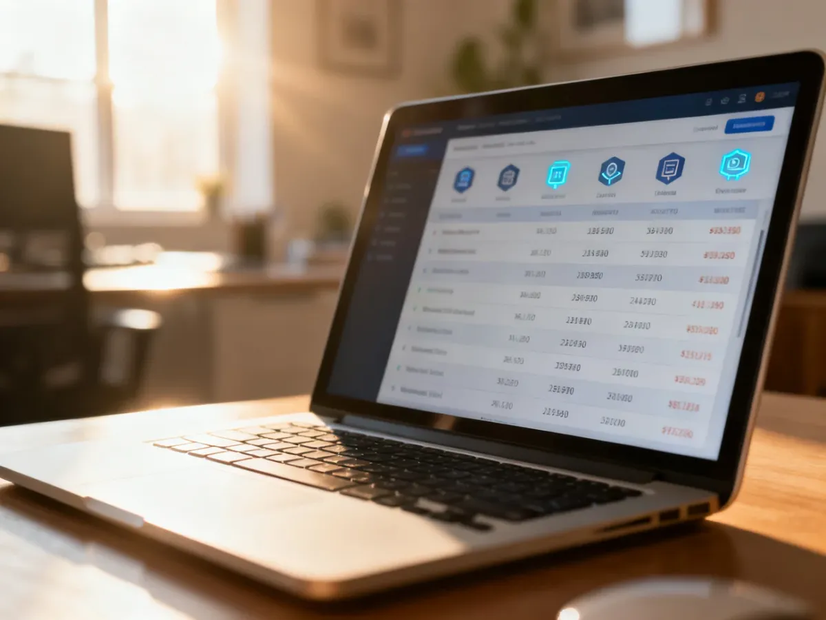 Ekran laptopa z przejrzystym panelem finansowym i listą transakcji w domowym biurze.