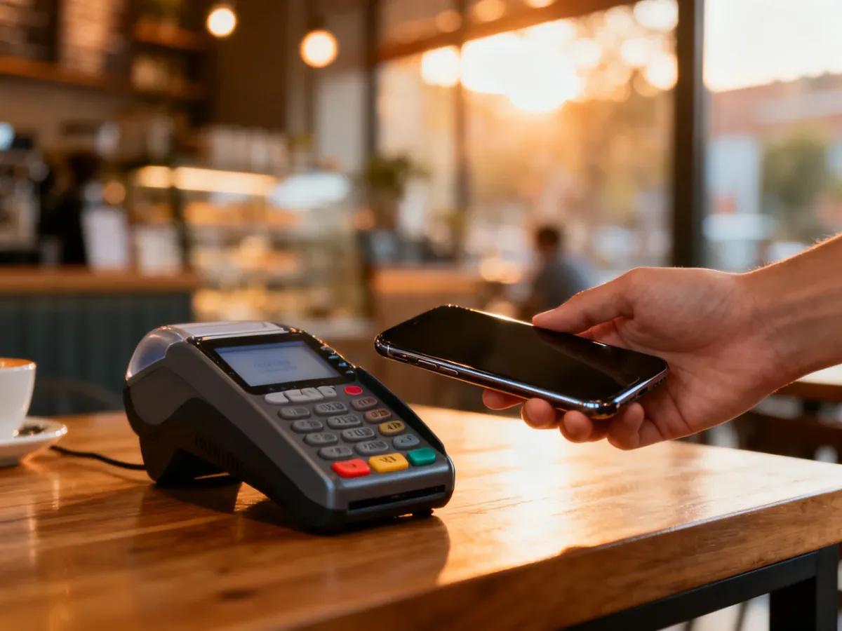 Zbliżenie na terminal płatniczy i smartfon podczas dokonywania płatności zbliżeniowej w kawiarni.