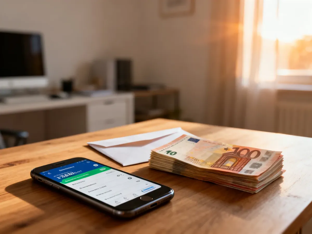 Smartfon z aplikacją bankową i banknoty euro na biurku, symbolizujące proces odzyskiwania środków za zamówienie.