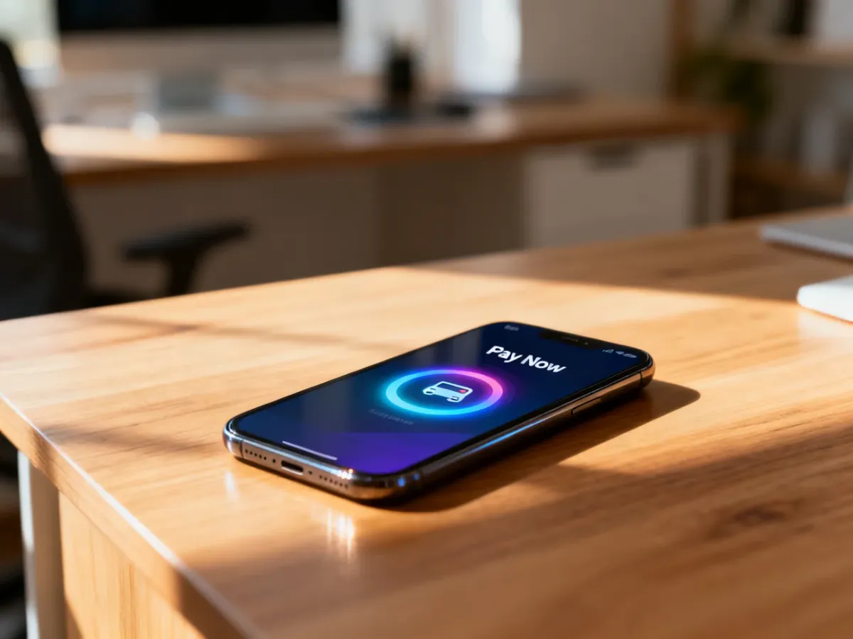 Nowoczesny smartfon z cyfrowym interfejsem płatności na ekranie, leżący na drewnianym biurku w słonecznym biurze.