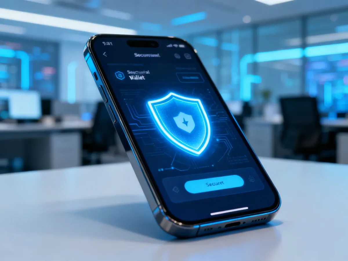 Smartfon z ikoną tarczy na ekranie aplikacji płatniczej, symbolizujący bezpieczne transakcje mobilne.