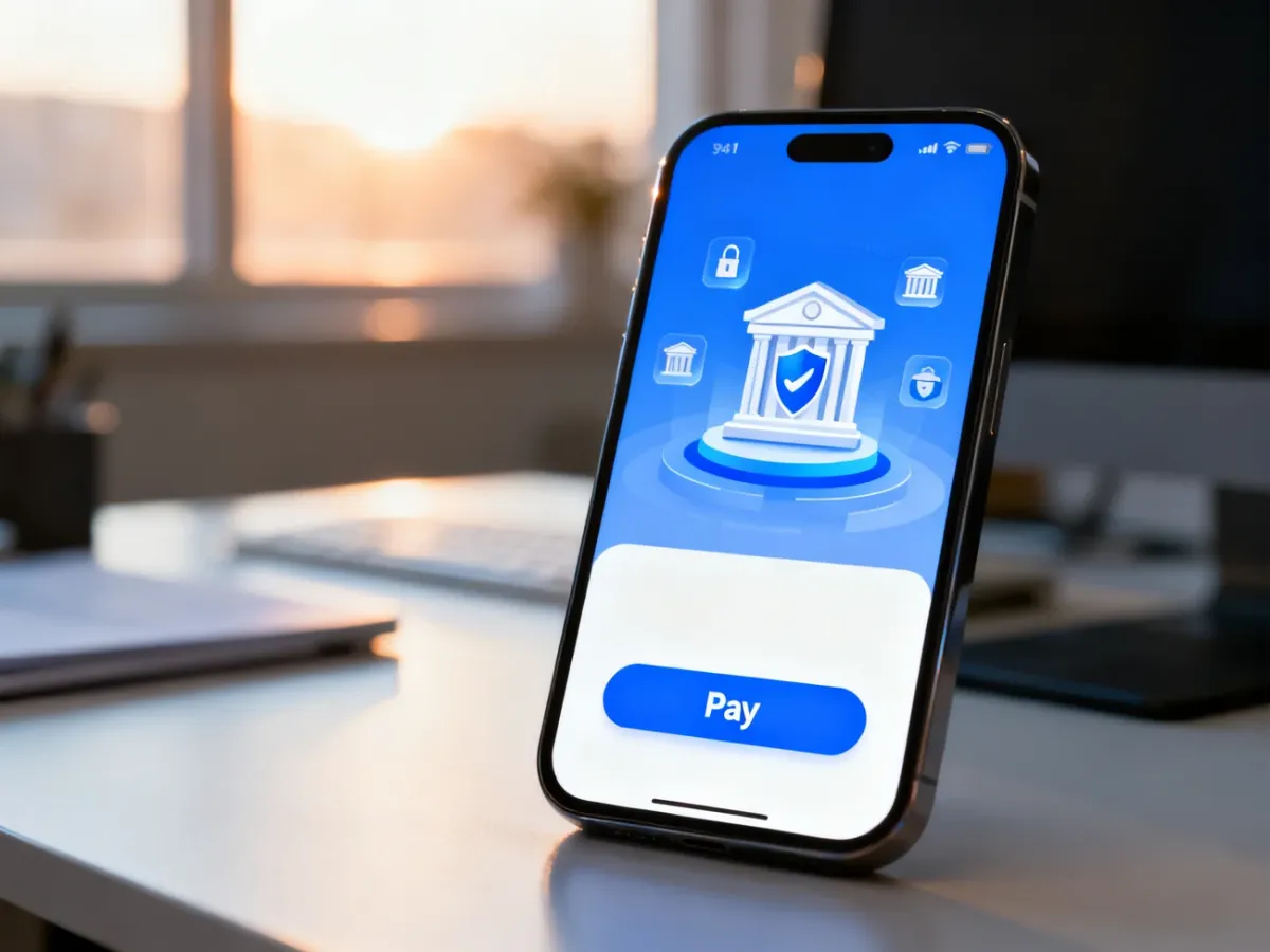 Smartfon z interfejsem płatności online na tle biurka, ilustrujący proces bezpiecznego przelewu typu pay-by-link.