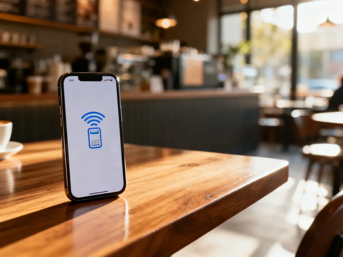 Smartfon z ikoną płatności zbliżeniowych leżący na drewnianym stole w kawiarni.
