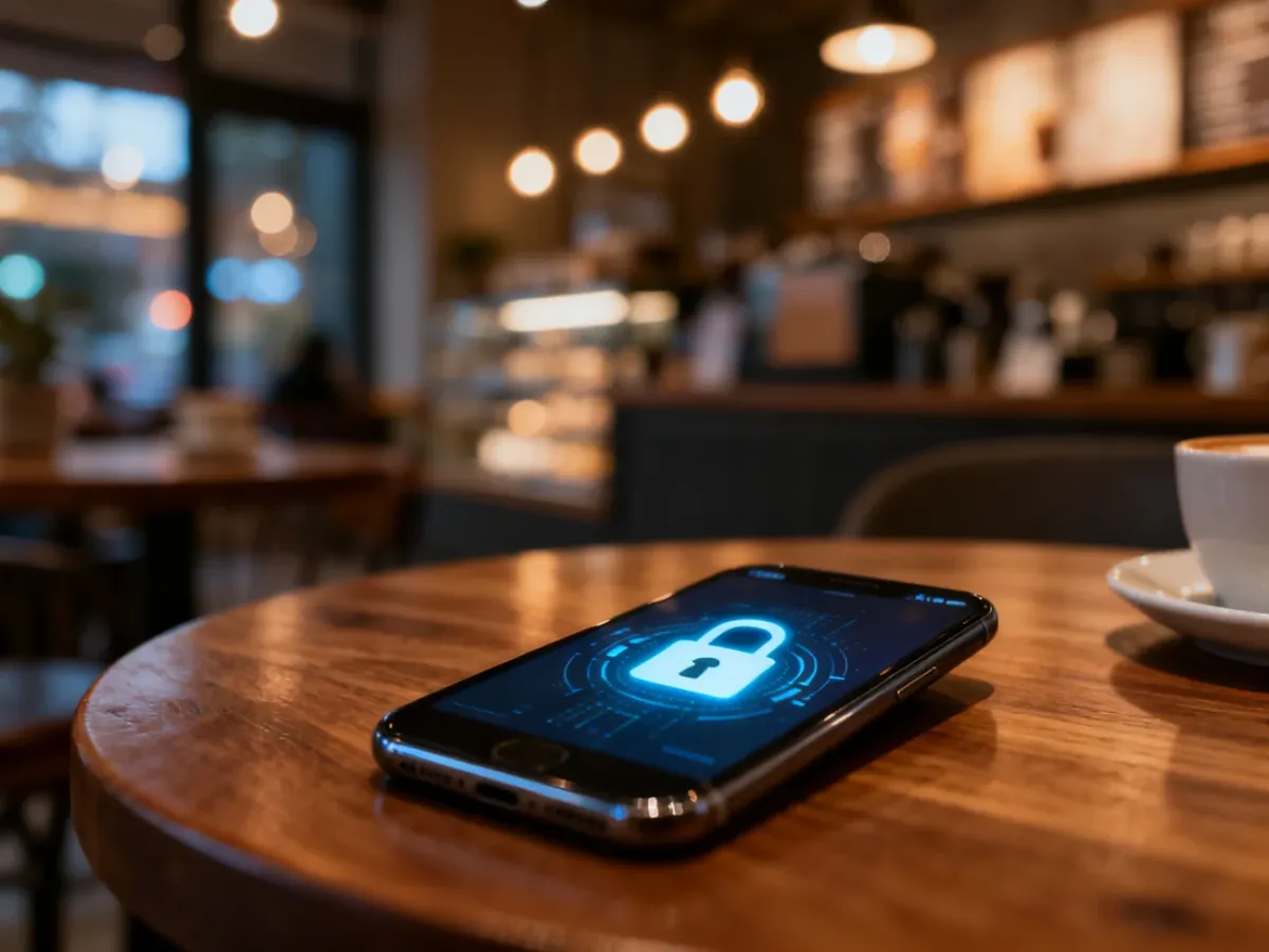 Smartfon z ikoną kłódki na ekranie leżący na stoliku w kawiarni, symbolizujący bezpieczeństwo płatności online.