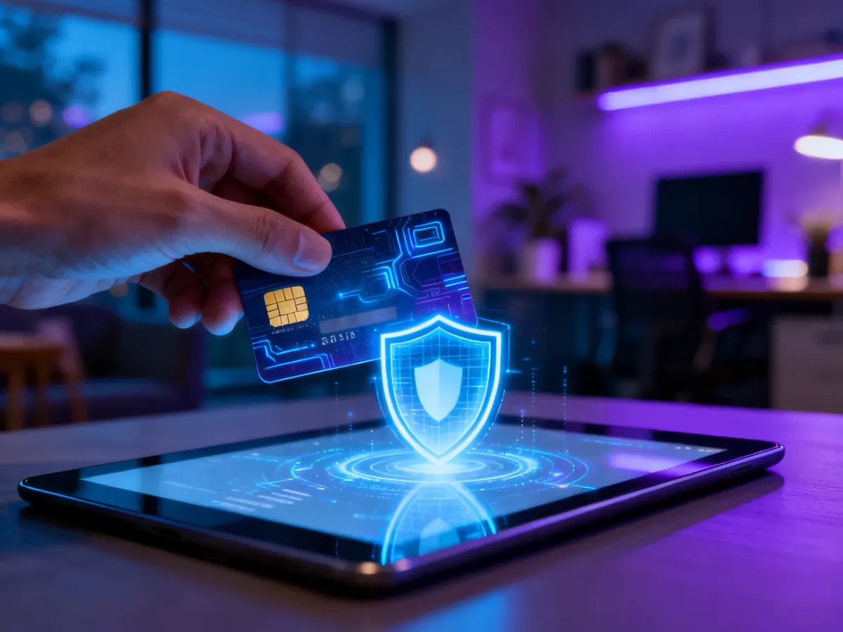 Karta płatnicza zbliżona do cyfrowej tarczy na ekranie tabletu, symbolizująca bezpieczne płatności internetowe 3D Secure.