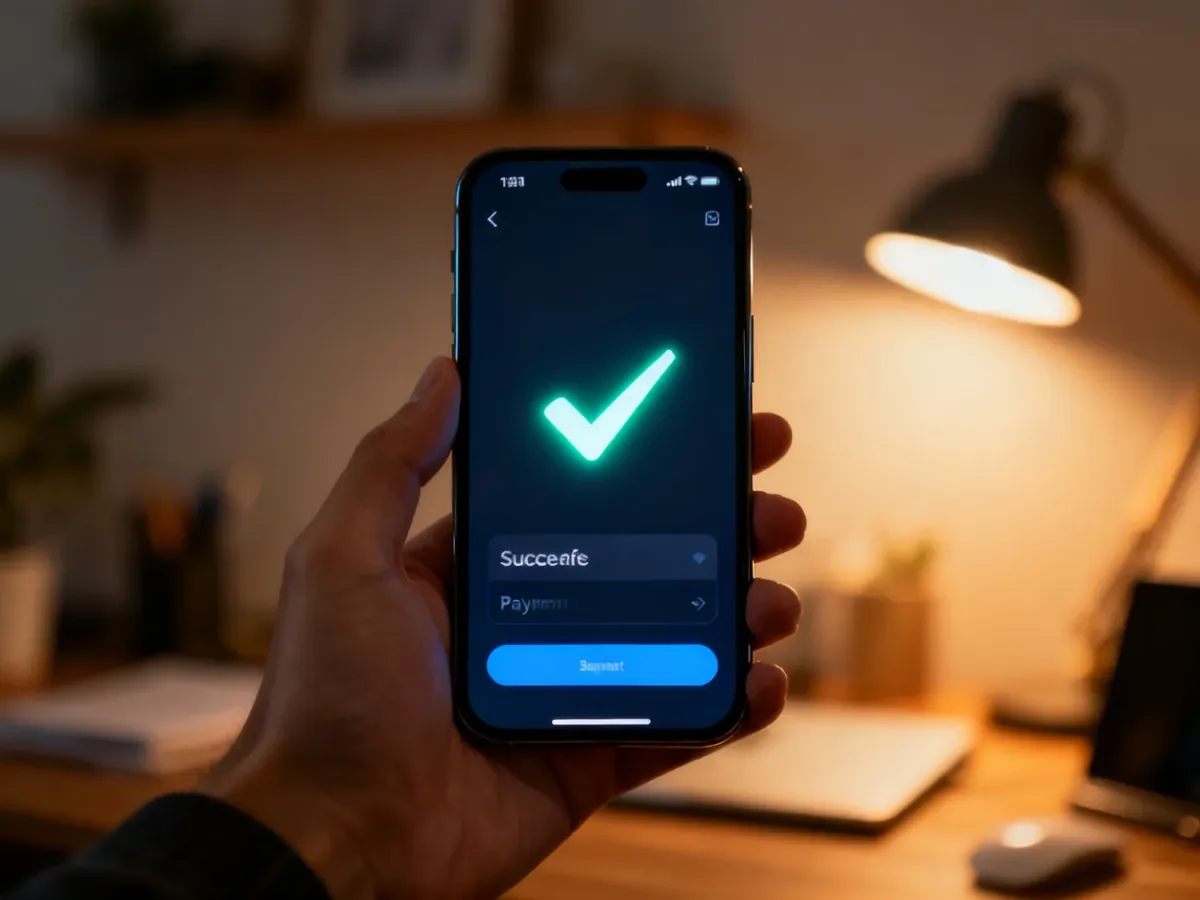 Dłoń trzymająca smartfon z ikoną potwierdzenia płatności na ekranie w przytulnym domowym biurze.