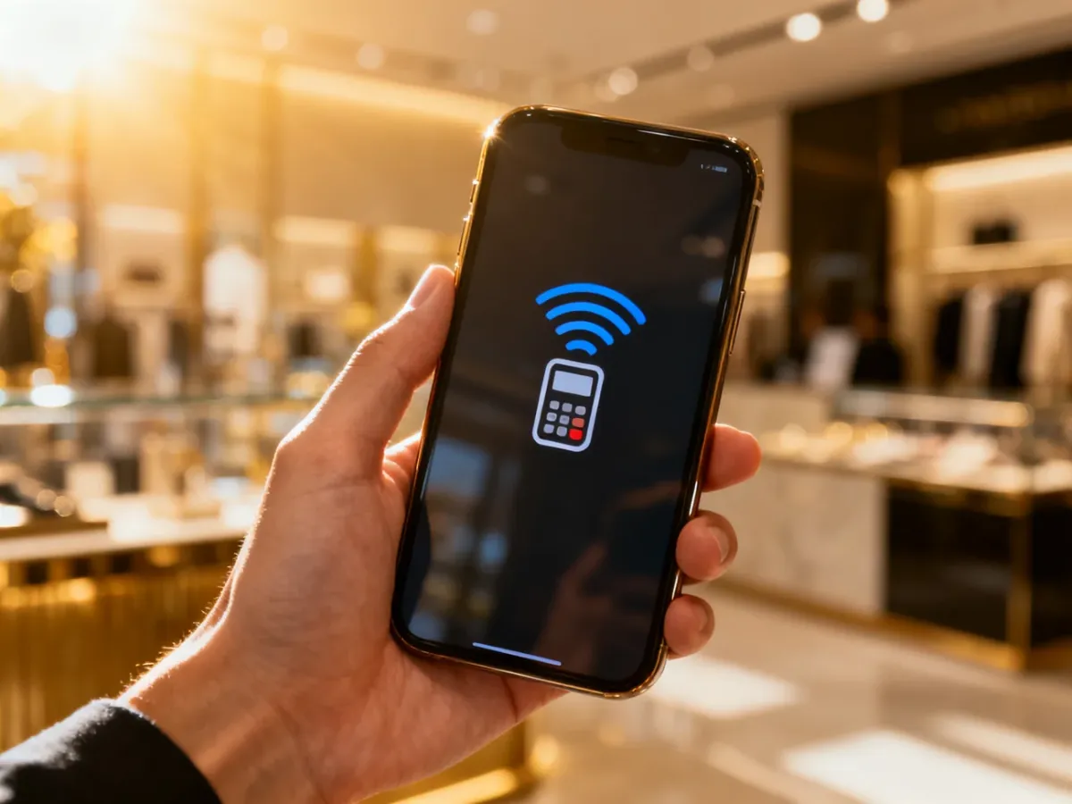Dłoń trzymająca smartfon z widoczną ikoną płatności zbliżeniowej na tle nowoczesnego sklepu.