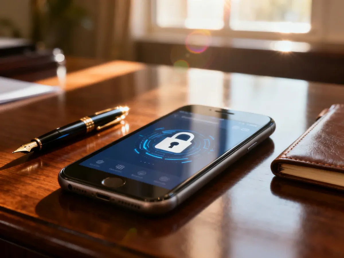 Smartfon z otwartą aplikacją bankową na tle eleganckiego biurka, symbolizujący bezpieczne i nowoczesne płatności cyfrowe.