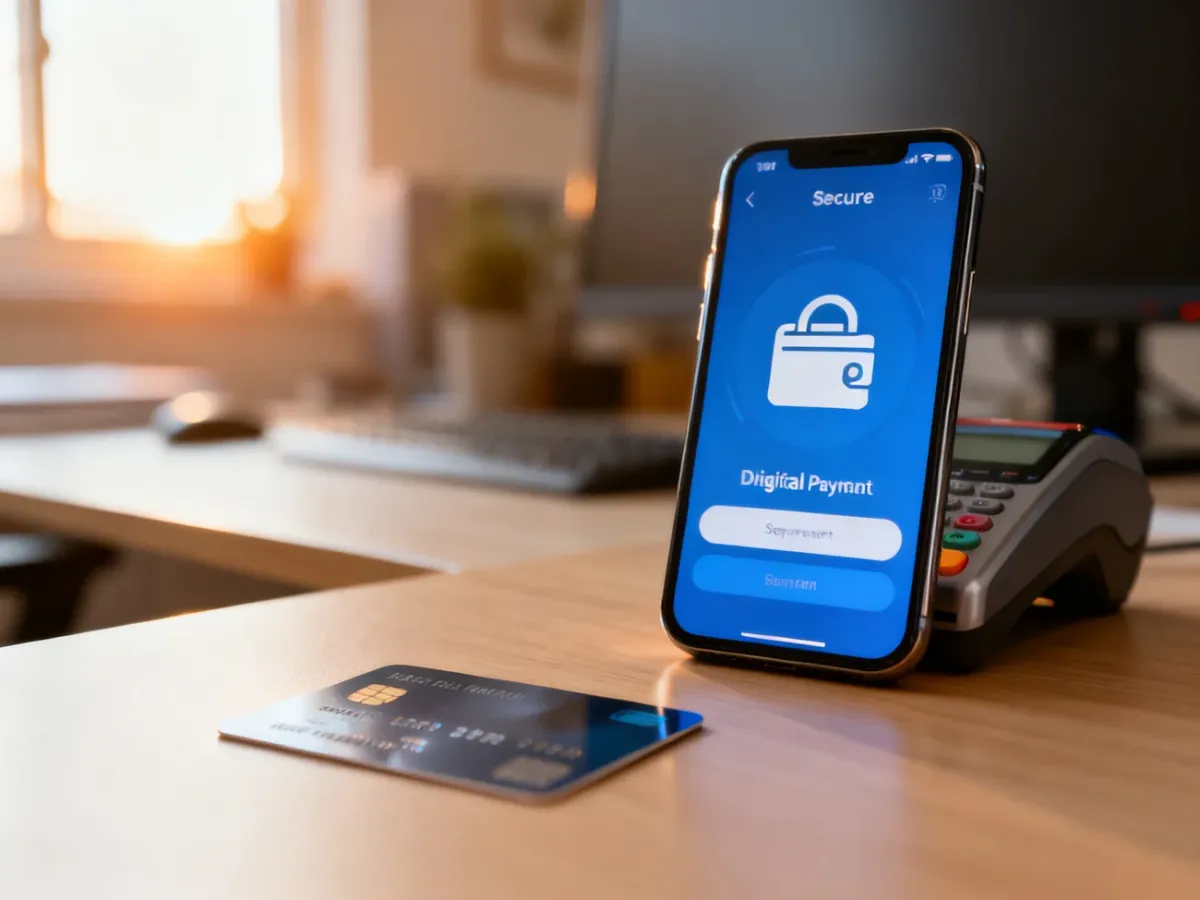 Smartfon z interfejsem płatności online i karta płatnicza na biurku, ilustrujące proces bezpiecznej płatności.