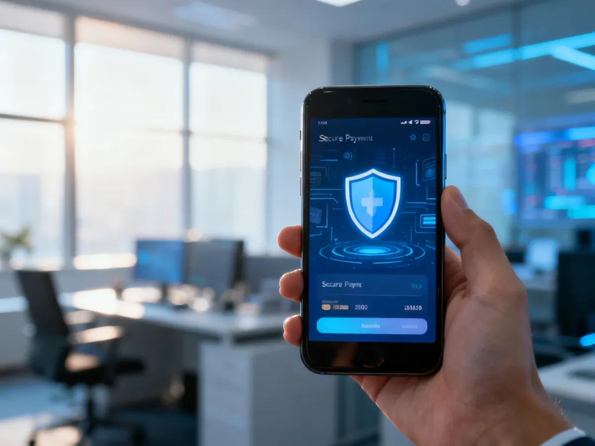 Dłoń trzymająca smartfon z widocznym interfejsem bezpiecznych płatności cyfrowych i ikoną tarczy.