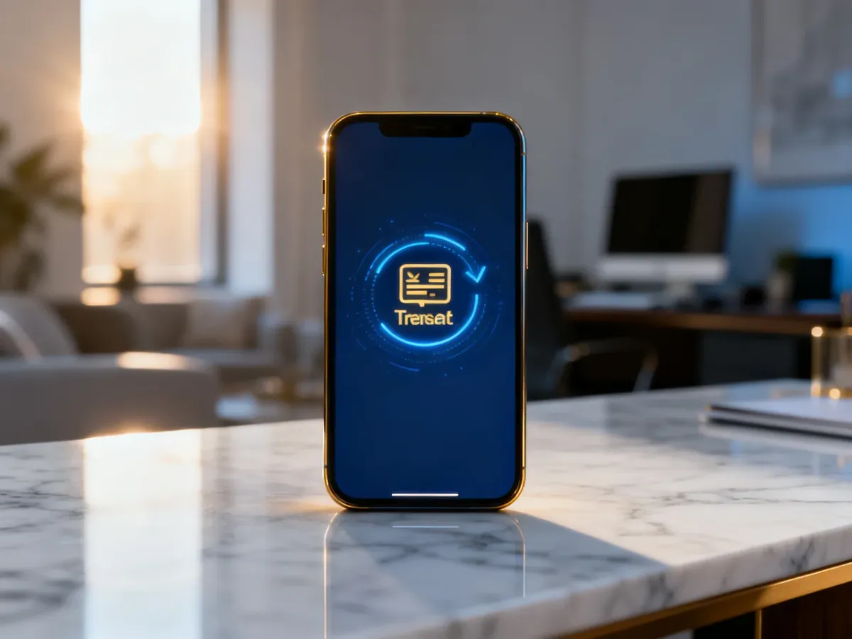 Nowoczesny smartfon z ikoną płatności cyfrowej na marmurowym biurku, symbolizujący automatyczne płatności rekurencyjne.