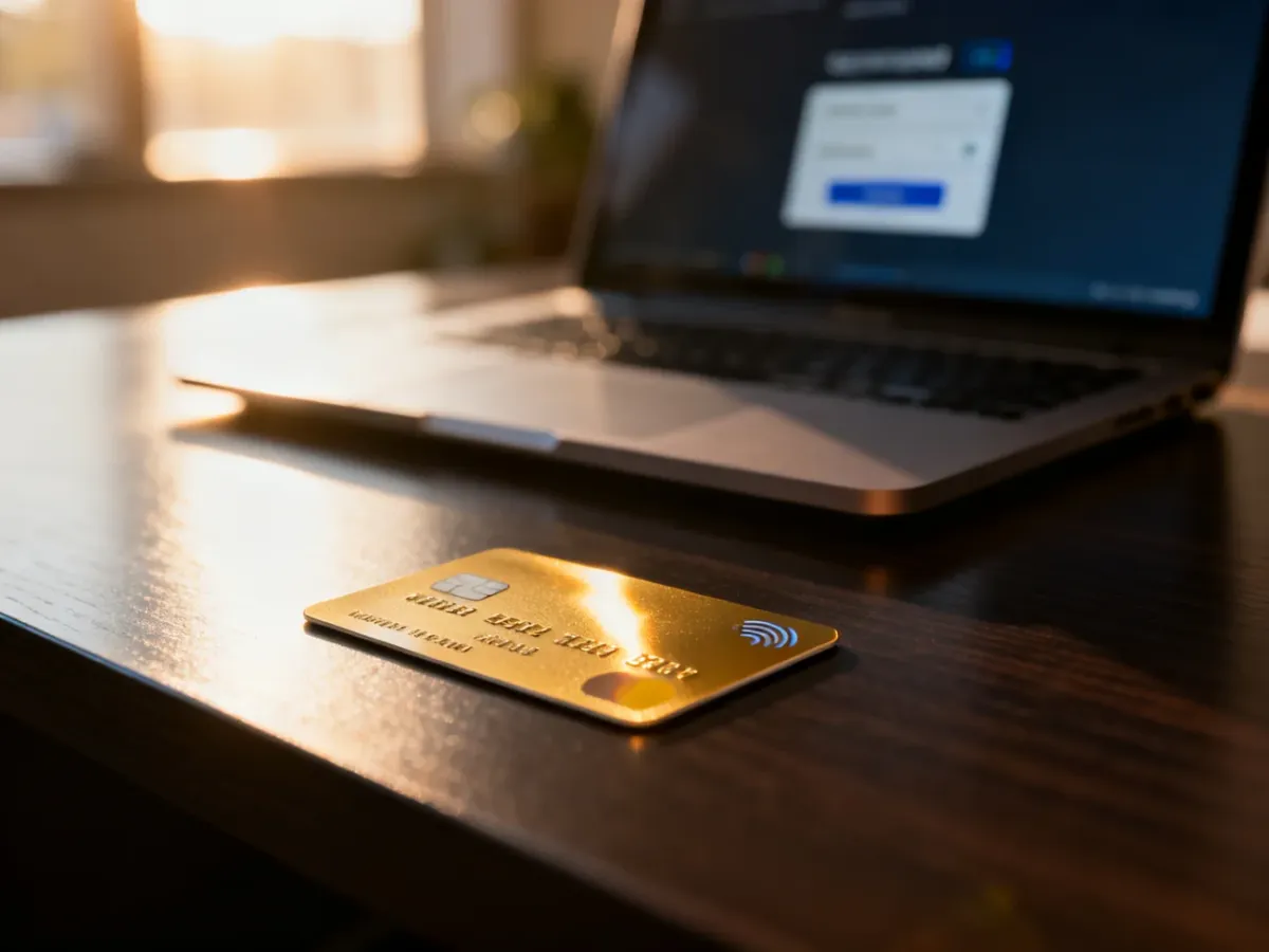 Karta płatnicza leżąca na biurku obok laptopa z otwartym panelem płatności online.