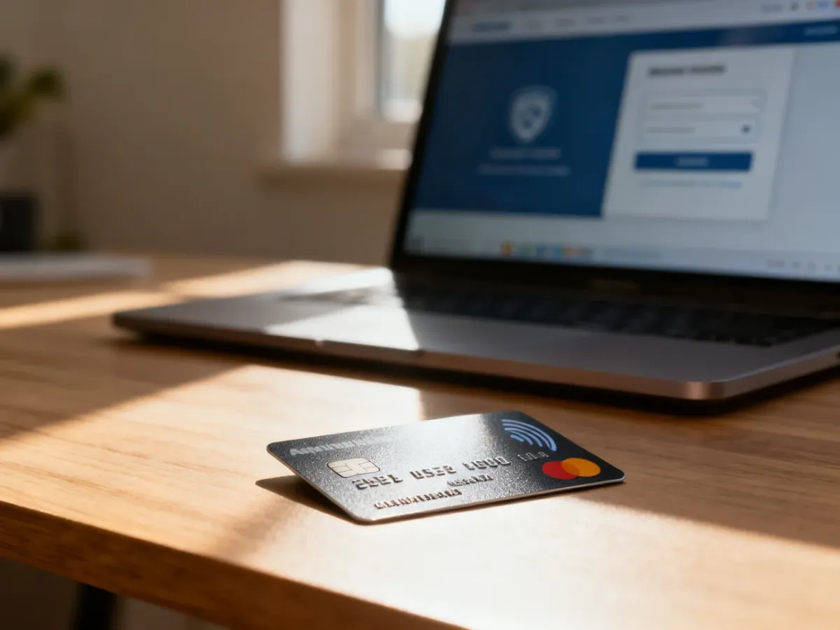 Karta płatnicza leżąca na biurku obok laptopa z otwartym panelem płatności online, symbolizująca bezpieczne zakupy.