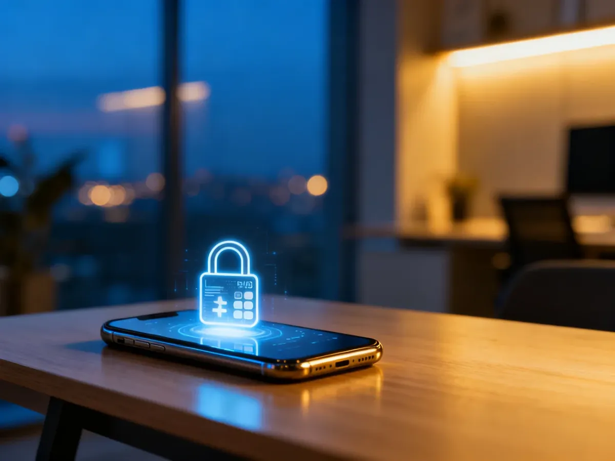 Nowoczesny smartfon z ikoną bezpiecznej płatności cyfrowej na ekranie, leżący na minimalistycznym biurku.