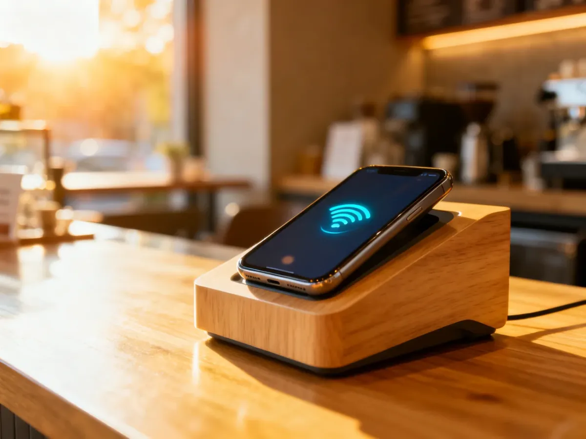 Smartfon zbliżony do terminala płatniczego w kawiarni, sygnalizujący dokonanie płatności zbliżeniowej NFC.