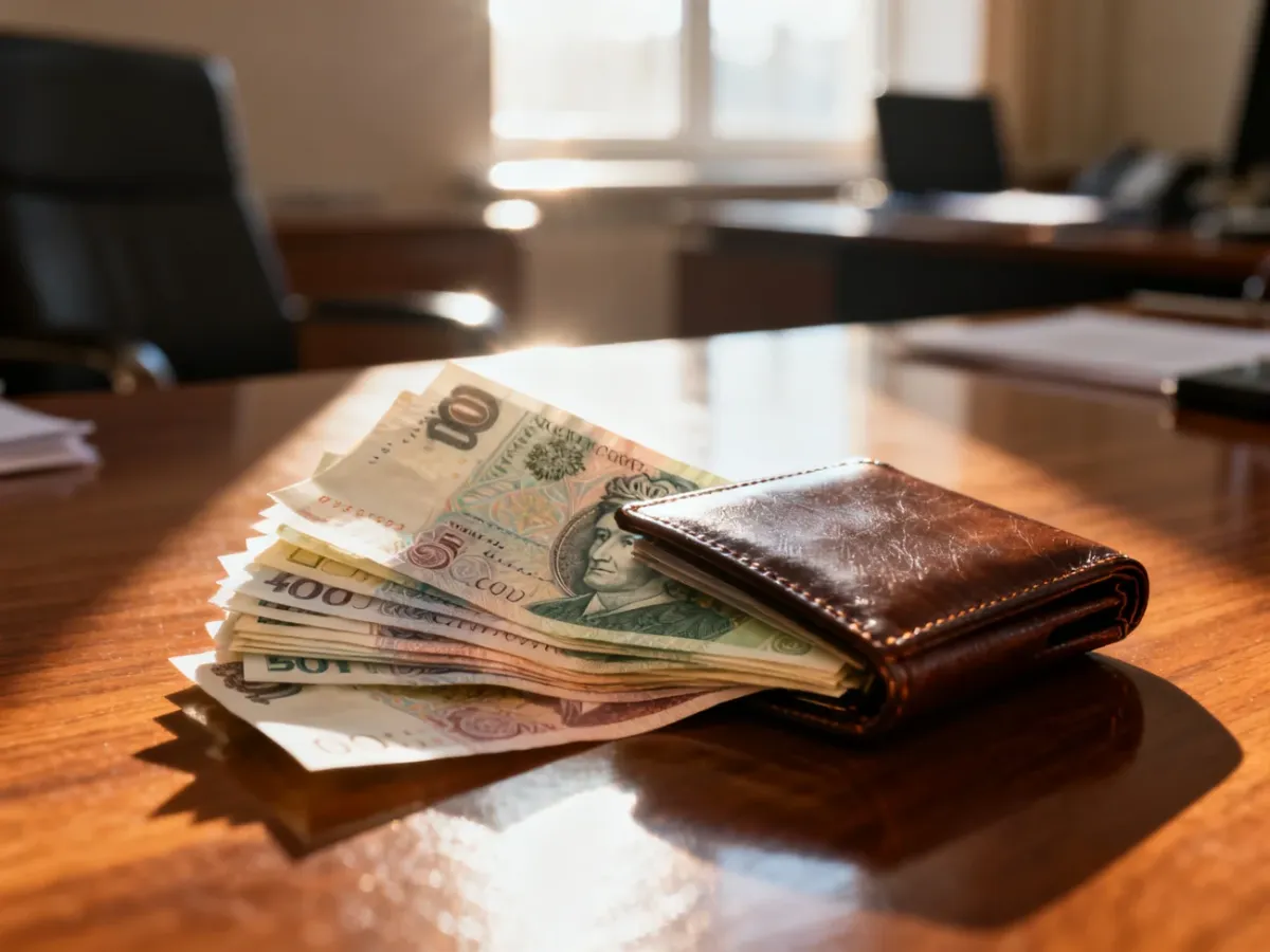 Skórzany portfel wypełniony polskimi banknotami leżący na drewnianym biurku w biurowym wnętrzu.