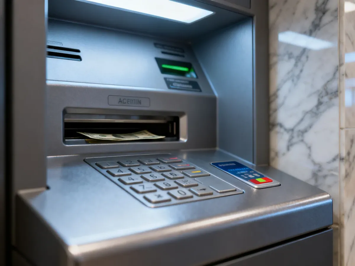 Nowoczesny bankomat w minimalistycznym wnętrzu banku, skupiający uwagę na czytniku kart i podajniku gotówki.