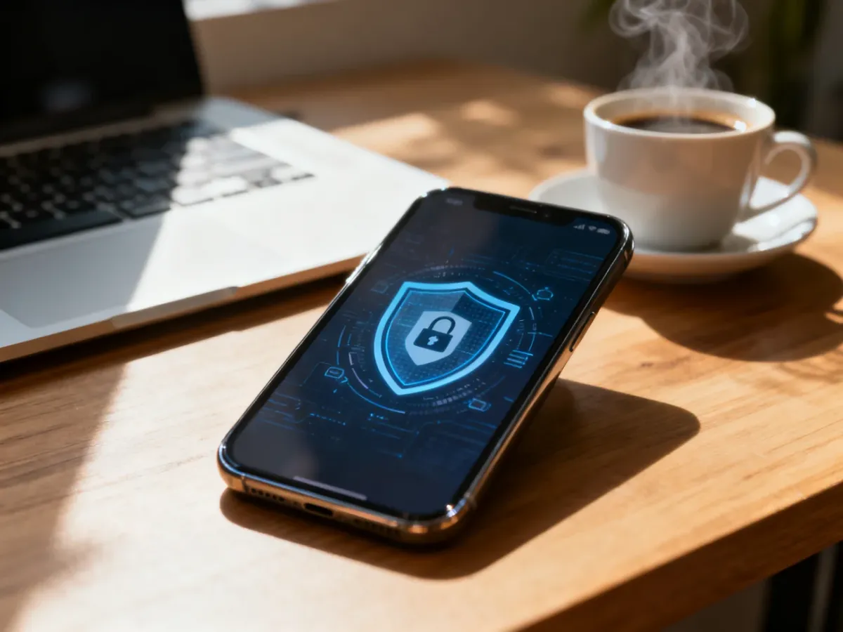 Smartfon z ikoną tarczy zabezpieczającej na ekranie, symbolizujący bezpieczne płatności online przy biurku.