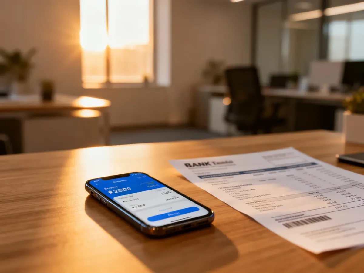 Smartfon z interfejsem płatności i wyciąg bankowy na biurku, symbolizujące weryfikację transakcji finansowych.