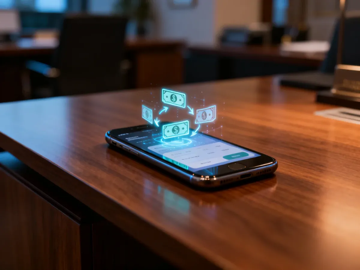 Smartfon z otwartą aplikacją płatniczą leżący na drewnianym biurku, symbolizujący nowoczesne i szybkie przelewy BLIK.