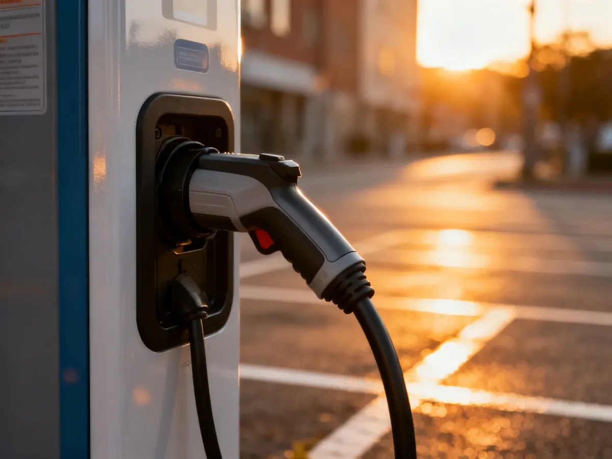Wtyczka ładowarki podłączana do samochodu elektrycznego na miejskim parkingu w świetle zachodzącego słońca.