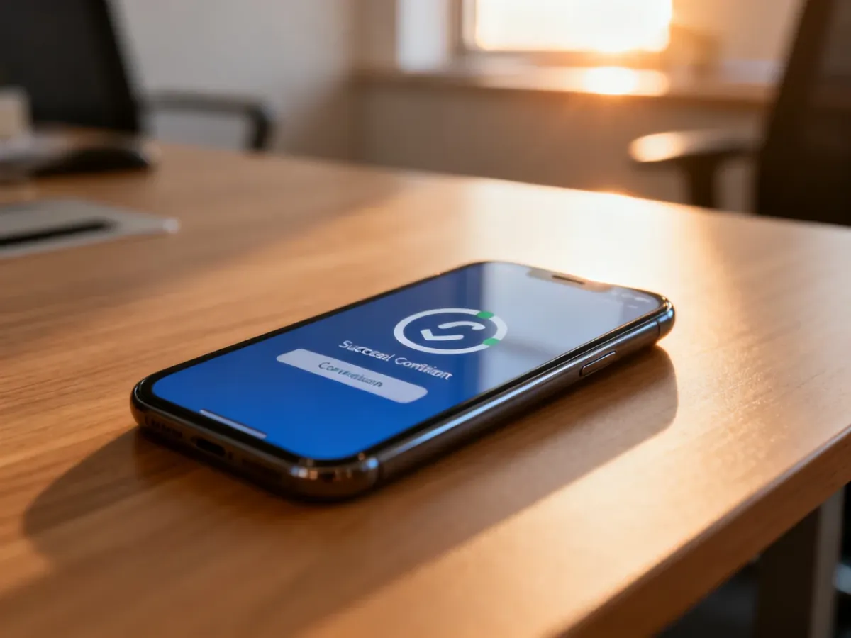 Smartfon z ikoną potwierdzenia udanej transakcji na ekranie, leżący na drewnianym biurku.