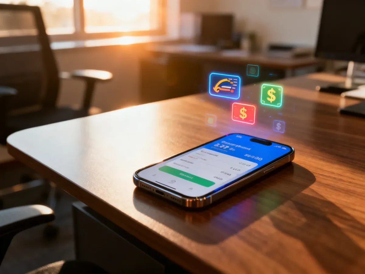 Smartfon z interfejsem płatności cyfrowych na biurku, symbolizujący szybkość i nowoczesność przelewów elektronicznych.