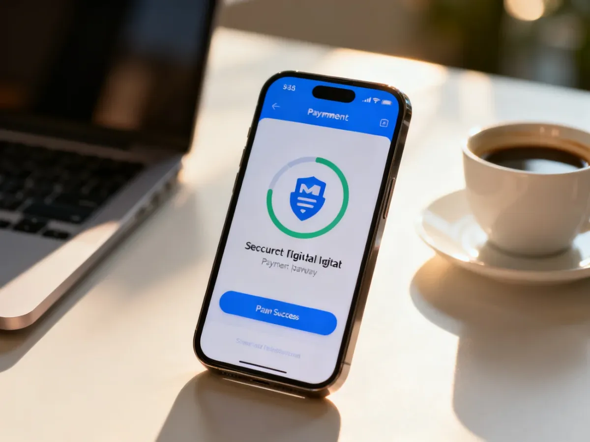 Smartfon z wyświetlonym interfejsem płatności online na tle biurka, symbolizujący bezpieczną transakcję Dotpay.