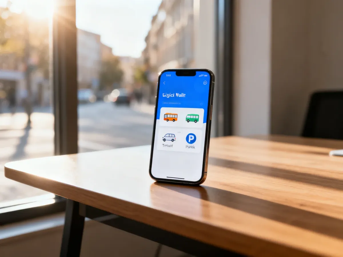 Smartfon z otwartą aplikacją płatniczą na drewnianym biurku, symbolizujący wygodne opłacanie biletów i parkowania.