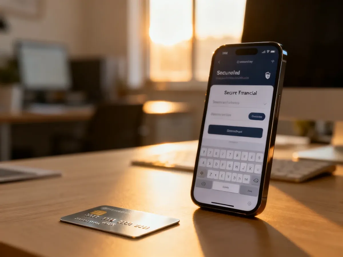 Smartfon z otwartą aplikacją bankową i karta płatnicza na biurku, symbolizujące bezpieczne zarządzanie transakcjami finansowymi.