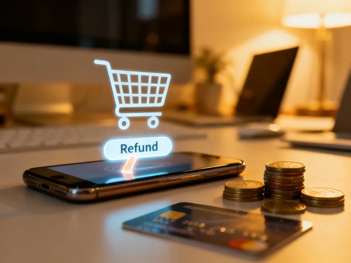 Ikona koszyka zakupowego i przycisk zwrotu na ekranie smartfona, symbolizujące proces odzyskiwania pieniędzy za zakupy online.