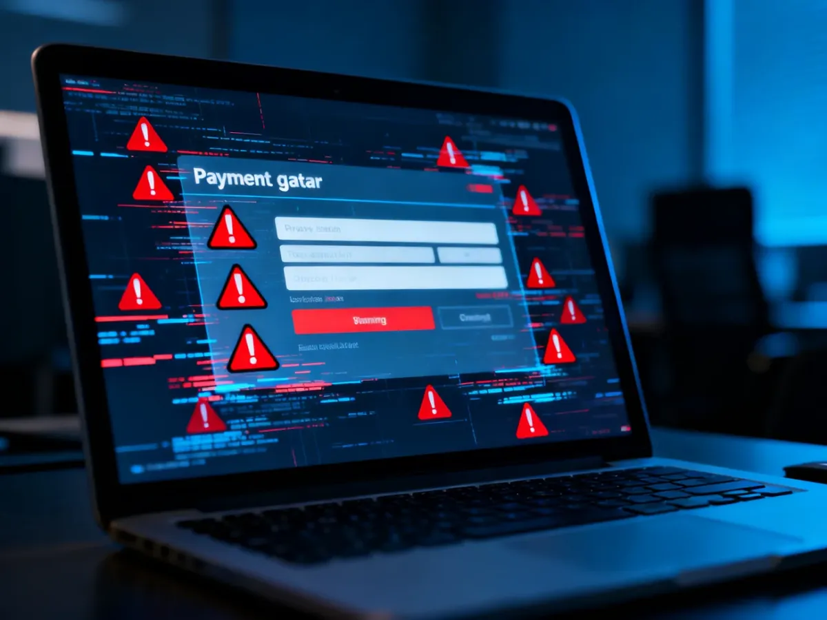 Ekran laptopa z podejrzanym interfejsem płatności i ostrzeżeniami, symbolizujący zagrożenie cyberbezpieczeństwa.