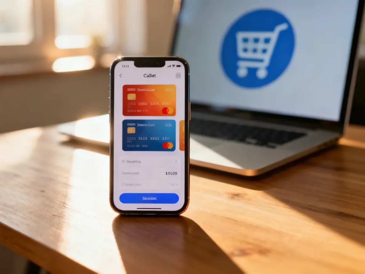 Smartfon z ikonami kart płatniczych na ekranie leżący na biurku, symbolizujący zarządzanie metodami płatności online.