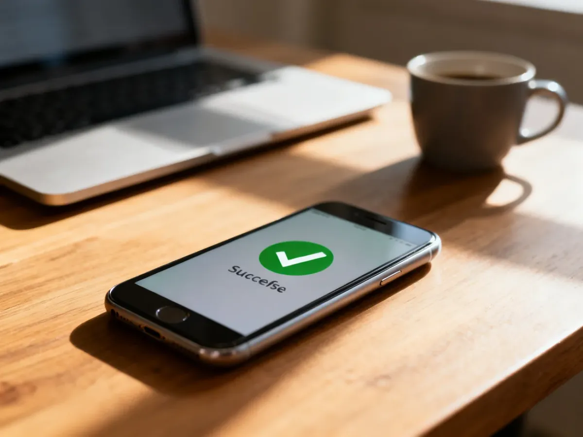 Smartfon na biurku z ikoną zielonego znaku potwierdzającą pomyślne zakończenie płatności online.
