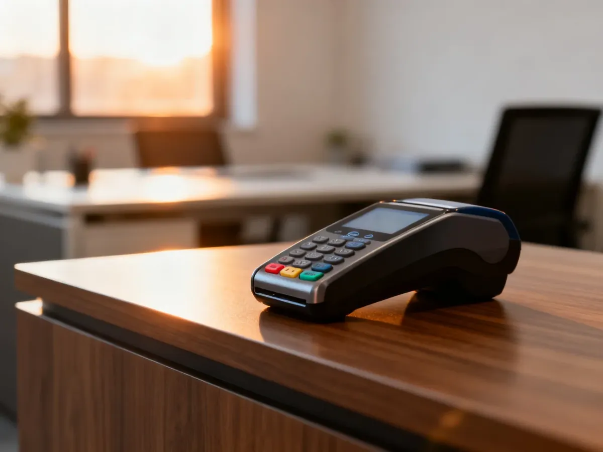 Nowoczesny terminal płatniczy na drewnianym blacie, symbolizujący szybkie i wygodne płatności elektroniczne.