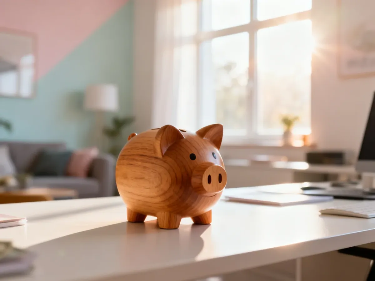 Drewniana skarbonka na biurku, symbolizująca naukę oszczędzania i edukację finansową dla dzieci.