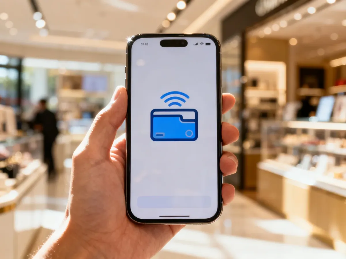 Dłoń trzymająca smartfon z otwartą aplikacją portfela cyfrowego, gotowa do płatności zbliżeniowej w sklepie.