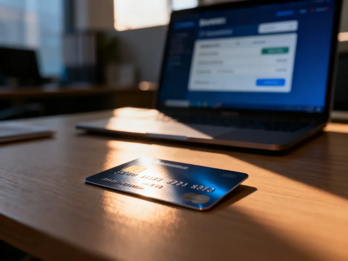 Nowoczesna karta płatnicza leżąca na biurku obok laptopa z otwartą stroną bankowości internetowej.