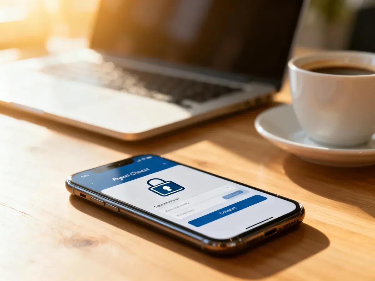 Smartfon z otwartym interfejsem płatności online na drewnianym biurku, symbolizujący wygodne i bezpieczne zakupy.