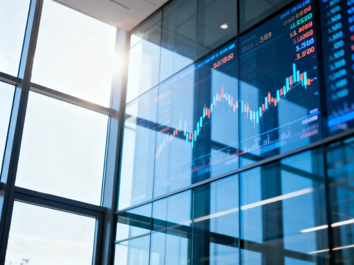 Nowoczesne wnętrze biurowe z rozmytym wyświetlaczem giełdowym, symbolizujące analizę rynków finansowych i kursów walut.