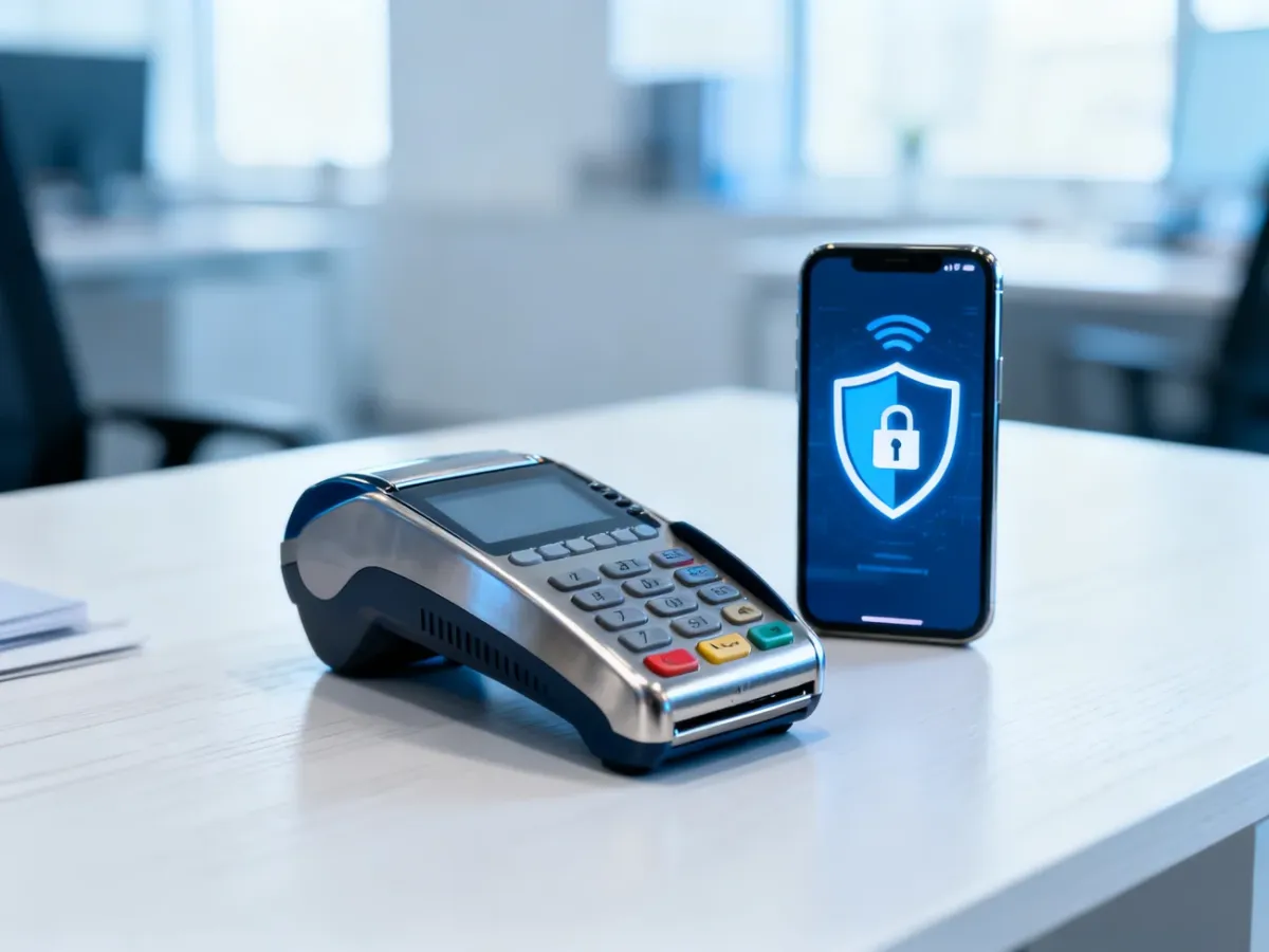 Terminal płatniczy i smartfon z ikoną tarczy na ekranie, symbolizujące bezpieczeństwo płatności cyfrowych.