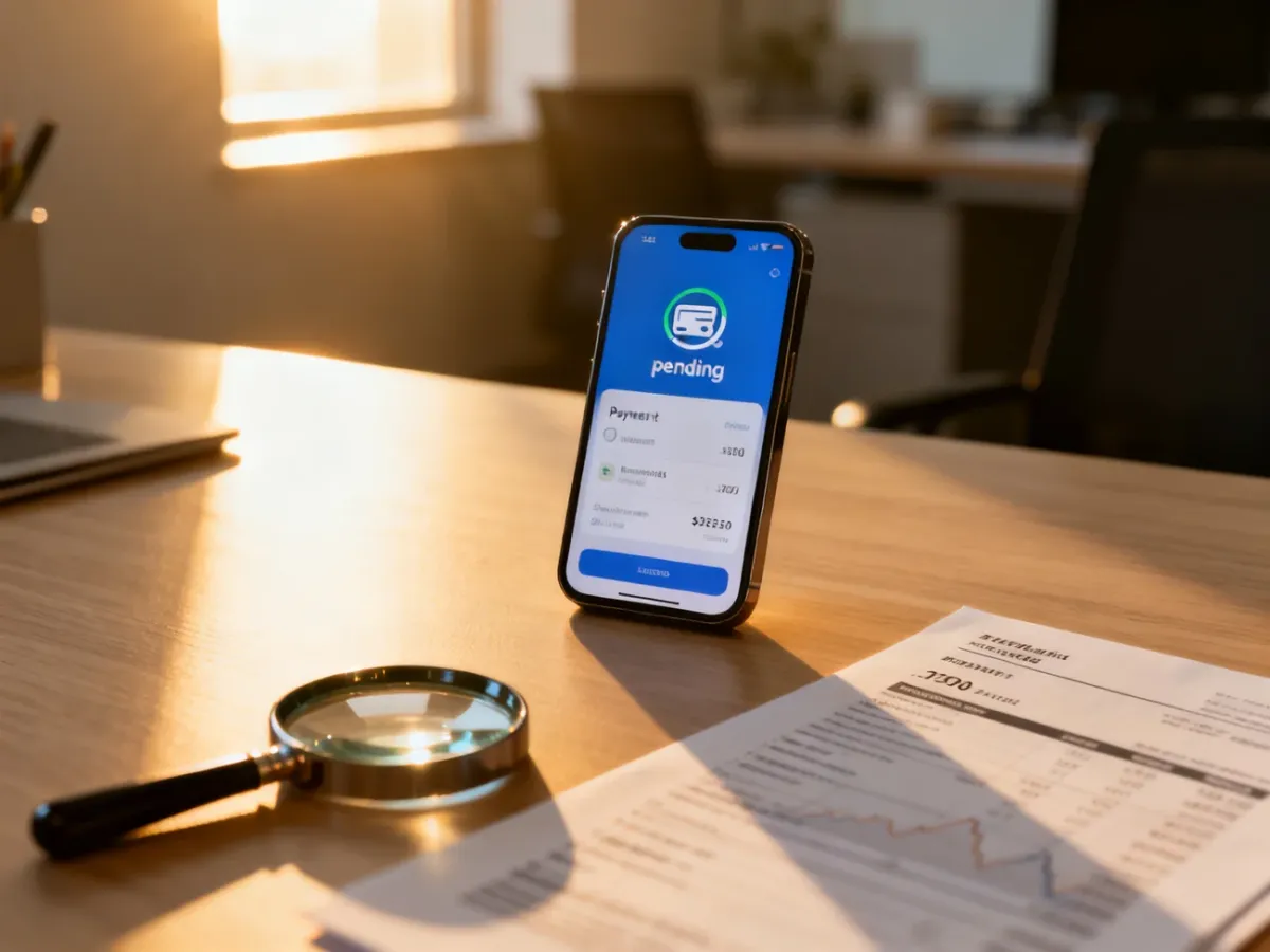 Smartfon z ikoną oczekującej płatności na biurku, symbolizujący proces weryfikacji transakcji finansowej.